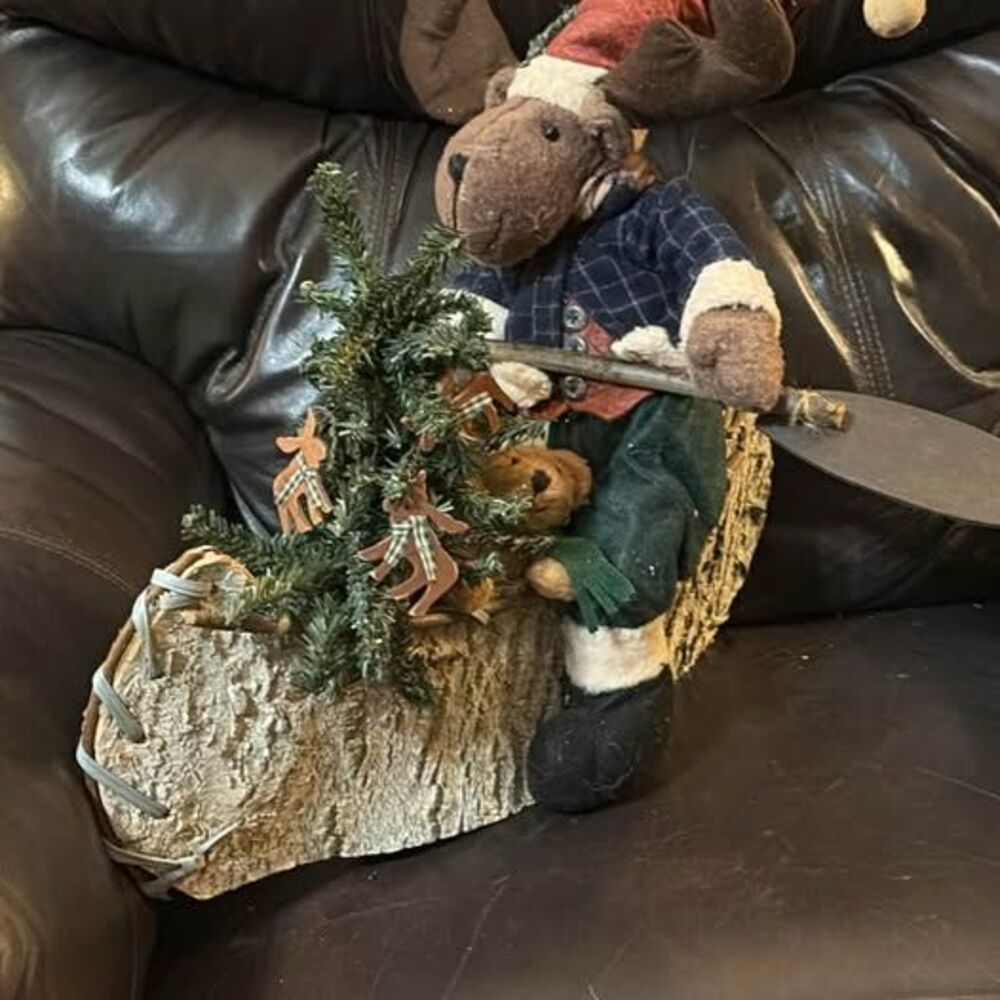 Large Rustic Christmas Moose in Birch Bark Canoe Decor
